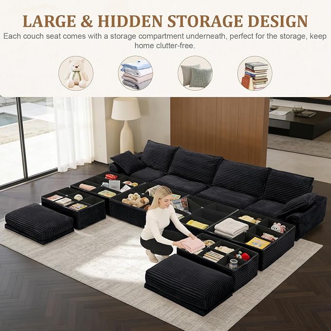 Upgrade Boneless Couch with Storage, Extra Deep&High Seat Modular Sectional Sofa 4 Seater U Shaped Cloud Couch with Ottoman, Tool-Free Assembly Sectional Couches for Living Room