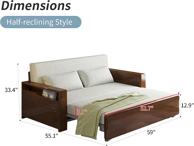 59" 3 in 1 Convertible Sleeper Sofa with Storage, Grey Soft Cushion Sectional Couch, Reversible Chaise, Walnut Wood Frame Pull-Out Bed for Living Room, Apartment, Office