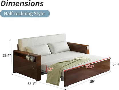 59" 3 in 1 Convertible Sleeper Sofa with Storage, Grey Soft Cushion Sectional Couch, Reversible Chaise, Walnut Wood Frame Pull-Out Bed for Living Room, Apartment, Office