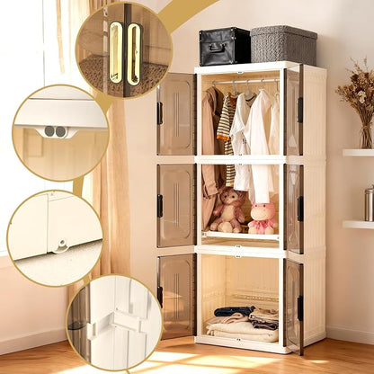 SAYMA 3 Layer Portable Wardrobe Closet Pet, Pet Collapsible Clothes Storage Organizer, White Plastic Foldable Wardrobe Cabinet with Doors & Wheels (3 Layer)