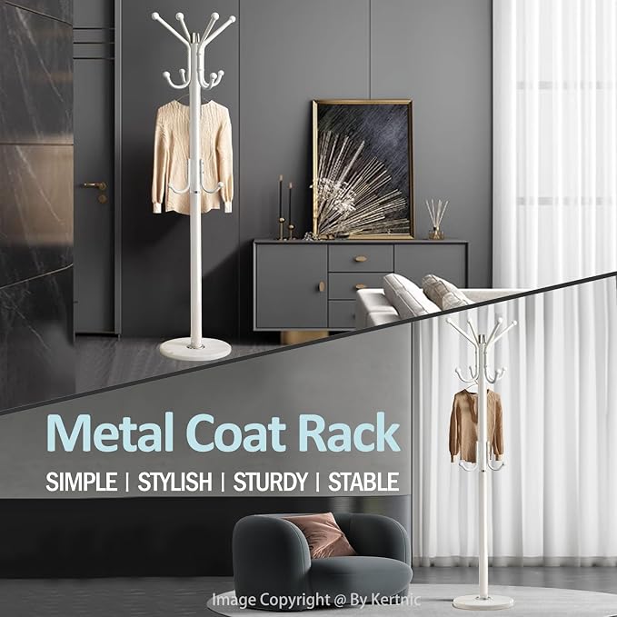 Kertnic Modern Coat Rack Freestanding with Natural Marble Base & Sturdy Metal Frame, 11 Hooks Hall Tree for Jackets, Hats, Bags, Entryway Organizer for Bedroom, Living Room, Closet (11 hooks-White)