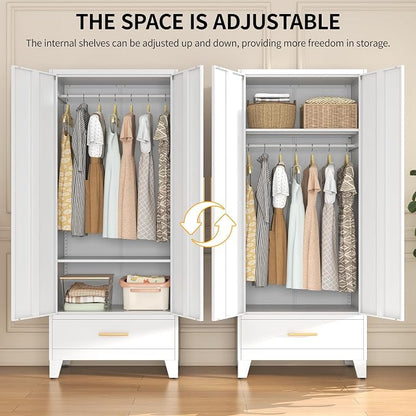 72" Tall Metal Wardrobe Closet - Large Clothing Storage Cabinet with 1 Hanging Rod, 1 Adjustable Shelve, 1 Drawer & Mirror Doors - Closet Organizer for Bedroom, Office, Laundry Room, Garage - White