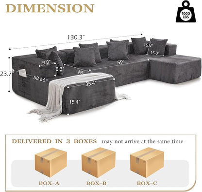 HOMREST 131" Boneless Memory Foam Sofa with Chaise Lounge, Comfy Corduroy Deep Seat Modular Sectional Couch, Large U-Shaped Floor Sofa for Living Room & Apartment, No Assembly Required Gray