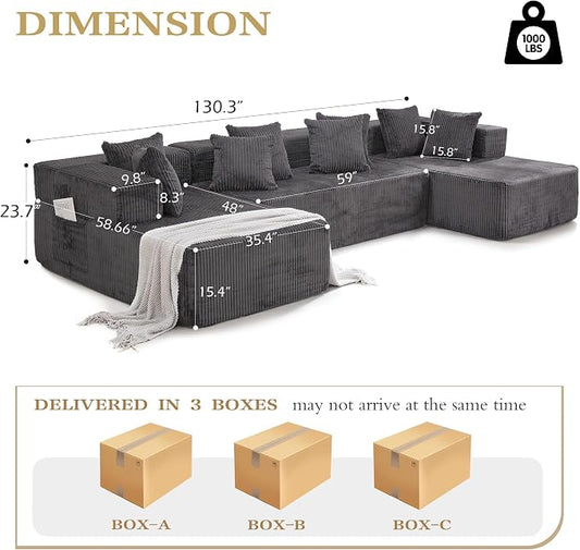 HOMREST 131" Boneless Memory Foam Sofa with Chaise Lounge, Comfy Corduroy Deep Seat Modular Sectional Couch, Large U-Shaped Floor Sofa for Living Room & Apartment, No Assembly Required Gray
