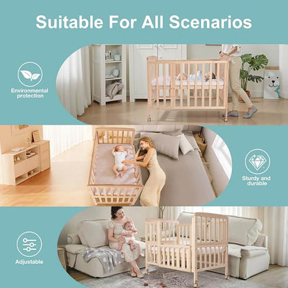 Flwrgirl Mini Baby Crib with Mattress,Portable Bedside Bassinet Sleeper,5 Adjustable Heights,Wood Nursery Crib with Locking Wheels,Compact Baby Bed for Newborns Infants,Unpainted