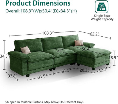 Modern L Shaped Sofa Couches for Living Room, Modular Sectional Cloud Couch with Movable Ottoman, Comfy Chenille Sofa for Apartment and Small Space, Green
