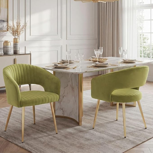 Hyfirm Green Velvet and Gold Dining Chairs, Set of 2 Modern Upholstered Arm Chairs with Hollow Backrest, Tufted Accent Side Chair with Sturdy Metal Legs for Dining Room, Living Room, Kitchen, Salon