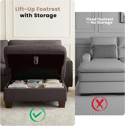 DOPEDIO L-Shaped Sectional Sofa with Storage Ottoman, Modern Chenille Recliner Loveseat, Removable Couch Covers, Pocket Spring Cushions, Solid Wood Frame, Easy to Install (71.25inch, Dark Grey)