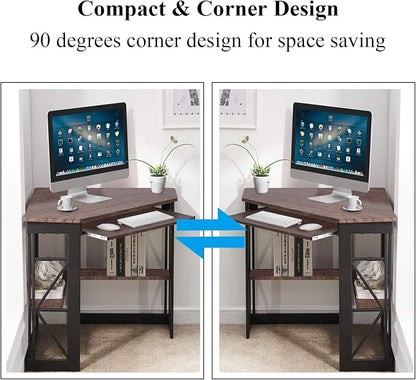 VECELO Corner Computer Desk 41 x 30 inches with Smooth Keyboard & Storage Shelves for Home Office Workstation,Rustic Brown