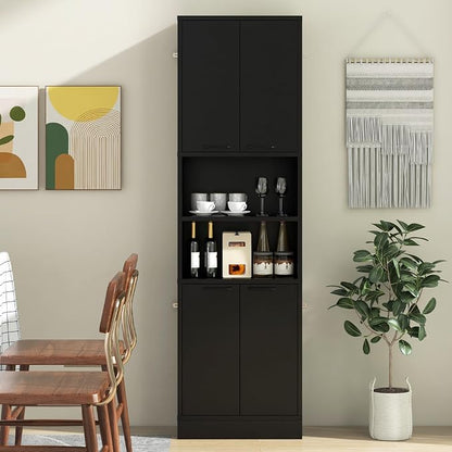 Giantex Kitchen Pantry Cabinet, 75” Tall Freestanding Cupboard with Doors & Shelves, Safety Hinges & Anti-Tipping Devices, Storage Sideboard for Dining Room, Living Room (Black)