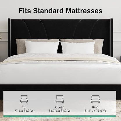 Novilla King Bed Frame, King Bed Frame and Headboard, Velvet Upholstered Wing Side Headboard, No Box Spring Needed, Heavy Duty Feet, Easy Assembly, Black Velvet