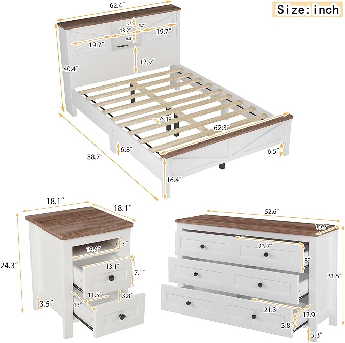 3 Pieces Bedroom Furniture Sets Queen Bed Frame with Dresser and Nightstand, Farmhouse Platform Bed Frames with Storage Headboard and Charging Station for Bedroom, White