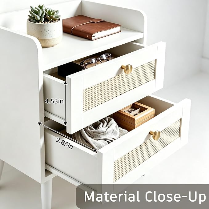 Nightstands Set of 2 with Charging Station, Modern Boho Rattan Bedside Tables with 2 Drawers,Open Storage End Tables for Bedroom, Small Spaces and Dorm, Solid Wood Legs,White