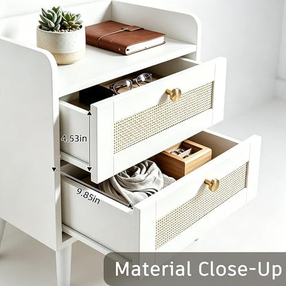 Nightstands Set of 2 with Charging Station, Modern Boho Rattan Bedside Tables with 2 Drawers,Open Storage End Tables for Bedroom, Small Spaces and Dorm, Solid Wood Legs,White
