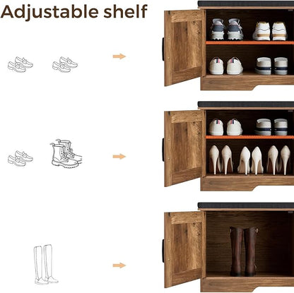 HOMSHO Farmhouse Shoe Storage Bench with 4 Barn Doors & Padded Seat Cushion | 47.2" Wide Entryway Bench with Adjustable Shelves & Hidden Storage, Rustic Walnut