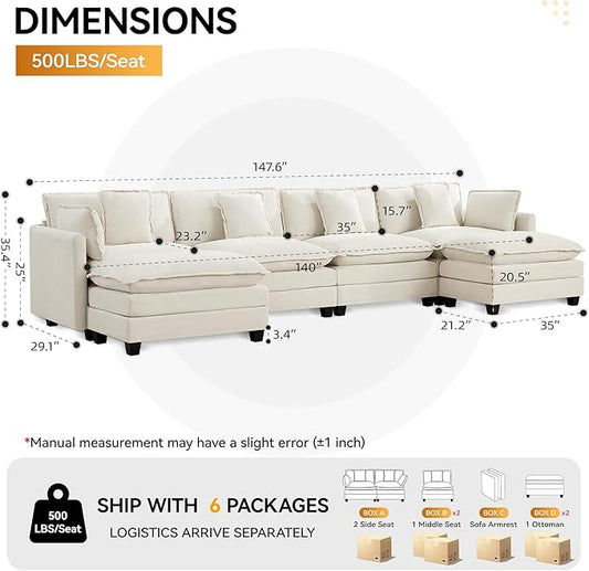 147'' Sectional Cloud Deep Seat Couch, Oversized Chenille U Shaped Sectional Sofa for Living Room Set, Comfy Upholstered Modular Sectional Sofa Couch with 2 Movable Ottoman, Beige