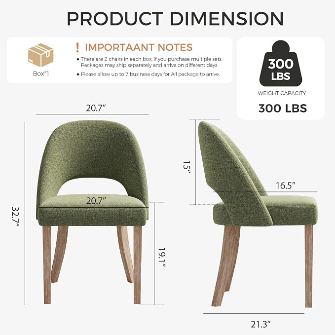 Wooden Dining Chairs Set of 2, Upholstered Modern Chenille Dining Room Chair Kitchen Chairs, Comfy Farmhouse Dinner Chair for Kitchen Dining Room, Green