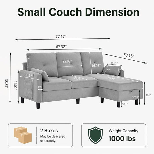 Convertible Sectional Sofa, 77" Small L Shaped 3 Seat Couch with Reversible Storage Chaise, Modern Polyester Fabric Sofa Couches for Living Room, Apartment and Small Space