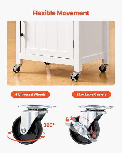 VEVOR Kitchen Island Cart with Single Door Cabinet, Mobile Carts with Drawer, Towel Rack, Hooks, Portable Table on Swivel Wheels, Small Coffee Islands Microwave Stand for Dining Room, 18x23 in, White