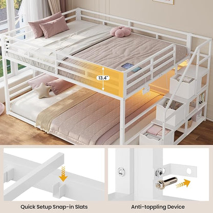 ADORNEVE Low Bunk Bed Full Over Full with Stairs, 3 Storage Drawers & Power Outlet, Full Size Metal Floor Bunk with RGB Lights & Shelves, Space-Saving Kids Bed, White
