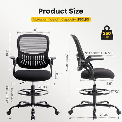 Sweetcrispy Tall Drafting Desk Chair - Ergonomic High Stool Computer with Adjustable Height and Comfy Lumbar Support, Office Rolling Counter with Flip-up Arm and Footrest, Black