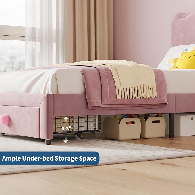 GarveeHome Upholstered Twin Bed Frame with Storage Drawer & Scallop Headboard, Princess Twin Size Platform Bed Frames for Kids Girls, Wooden Slats Support, No Box Spring Needed, Pink