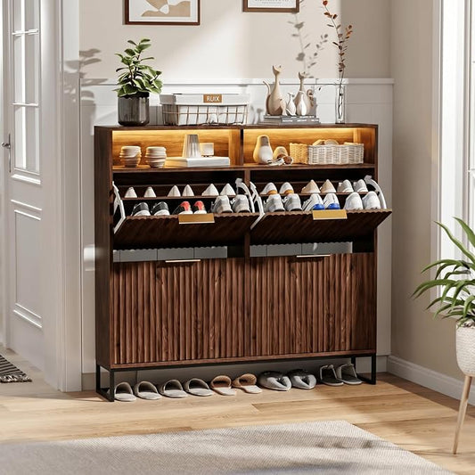 VINGLI Walnut Fluted Shoe Cabinet for Entryway, Narrow Hidden Shoe Storage Organizer with 4 Flip Drawers & 16-Color LED Lights, Mid Century Modern Slim Freestanding Shoe Rack with Cubby