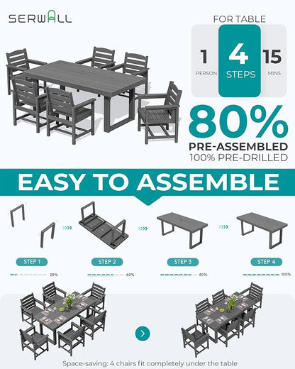 SERWALL HDPE Outdoor Dining Set for 6, 67'' Patio Table and Chairs Set | with Armchair Seat