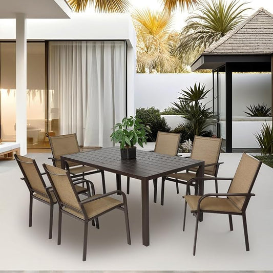 7-Piece Patio Dining Set with Rectangle Table and 6 Stackable Textilene Chairs, Outdoor Furniture for Garden Backyard Deck in Brown