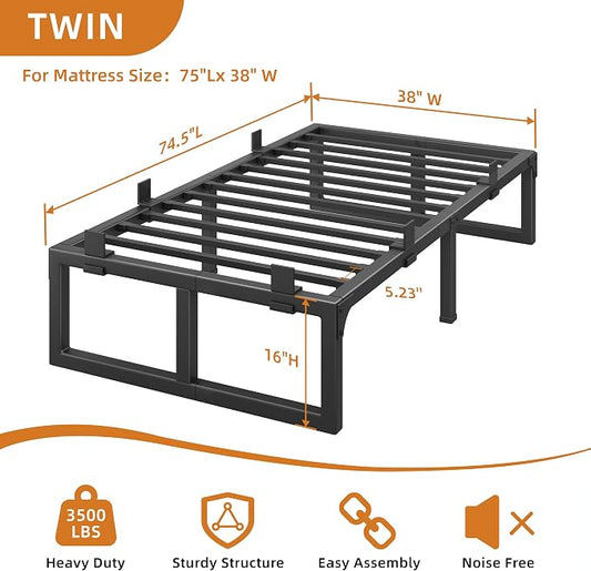 Twin Bed Frames, 16 Inch Metal Platform Bed Frame with Squeak Free U-Slot Design, 6 Non-Slip Guards, 3500lbs Heavy Duty Steel Slat Support, No Box Spring Needed, Under Bed Storage, Black