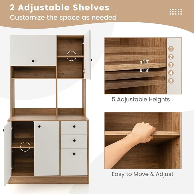 Giantex Kitchen Pantry, Buffet Hutch with 3 Storage Cabinet, 71'' Floor Large Cupboard with 3 Deep Drawers, Wide Countertop, Adjustable Shelves, Tall Sideboard (White & Natural)