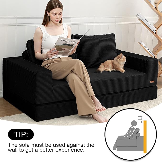 COMAX Futon Sofa Bed, Convertible Sofa Bed, Folding Boneless Couches | Boneless Couch for living room, 4‑in‑1 Fold Out Small Foldable Loveseat Floor Sleeper Mattress Lounge Space‑Saving