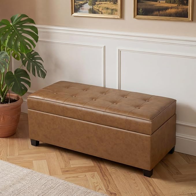 Asense 40" Storage Ottoman Bench, Faux Leather Tufted Upholstered End of Bed Bench with Safety Hinge for Bedroom,Entryway,Living Room,Caramel Brown