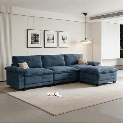 Modern L Shaped Sofa Couches for Living Room, Modular Sectional Cloud Couch with Movable Ottoman, Comfy Chenille Sofa for Apartment and Small Space,Blue