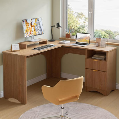 Bestier L Shaped Desk with File Drawer, 55.7" x 55" Office Computer Desk with Round Corners, Modern Desk with Monitor Stand & Fluted Panels for Home Office, Brown Oak