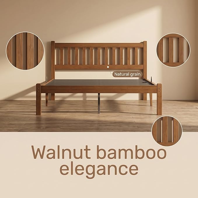 Askeld Bamboo Full Bed Frame with Headboard, 14 Inch High Wood Platform Bed No Box Spring Needed, Modern Minimalist Heavy Duty Bedframe, Easy Assembly, Noise Free, Walnut Color