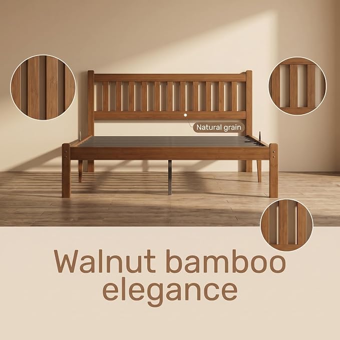 Askeld Bamboo King Bed Frame with Headboard, 14 Inch High Wood Platform Bed No Box Spring Needed, Modern Minimalist Heavy Duty Bedframe, Easy Assembly, Noise Free, Walnut Color