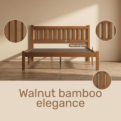 Askeld Bamboo King Bed Frame with Headboard, 14 Inch High Wood Platform Bed No Box Spring Needed, Modern Minimalist Heavy Duty Bedframe, Easy Assembly, Noise Free, Walnut Color