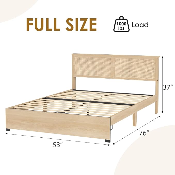 GarveeHome Full Platform Bed Frame, Full Size Bed Frame with Natural Rattan Headboard, Cane Bed Frame with 2 Storage Drawers and Strong Wood Slats Support, Noise Free, No Box Spring Needed