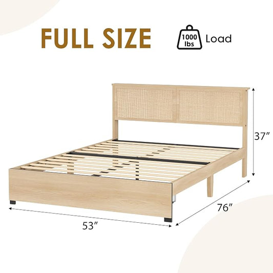 GarveeHome Full Platform Bed Frame, Full Size Bed Frame with Natural Rattan Headboard, Cane Bed Frame with 2 Storage Drawers and Strong Wood Slats Support, Noise Free, No Box Spring Needed