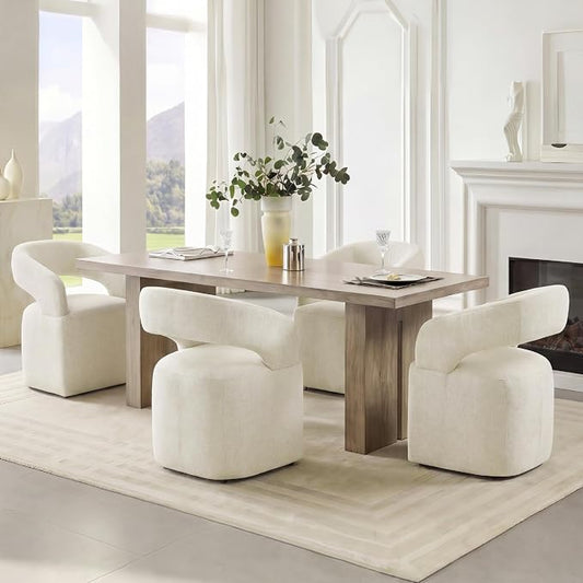 KISLOT Upholstered Dining Chairs Set of 4, Modern Arm Kitchen & Dining Room Chairs with Hidden Casters, Linen Fabric Padded Rolling Chairs, Sturdy Wood Frame, 300 lbs Capacity, Cream Beige
