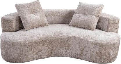 KEIKI 80" Boucle Curved Modular Boneless Sofa with 2 Pillows, Upholstered Modern Style 3-Seater Couch with High Resilience Cushion, No Assembly Required, for Apartment, Living Room, Office, Camel
