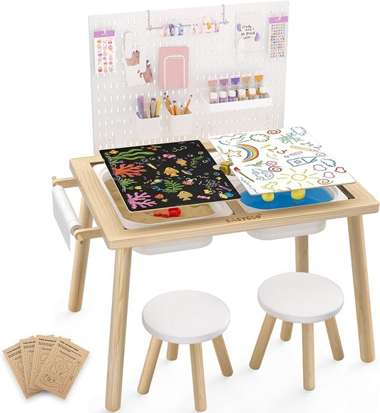 Easyego Sensory Table for Toddlers Kids Play Wooden Sand Water Table with Can DIY Creation Pegboard & Foldable Storage Bins for Indoor and Outdoor Use, Birthday Gifts for Boys and Girls - Wood Color