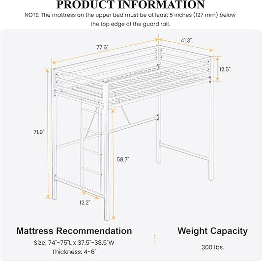 SHA CERLIN Loft Bed Twin Size with Ladder and Guardrail,White | Heavy Duty Metal Slats Support,No Box Spring Needed,Small Space Saving Furniture for Bedroom Dorm