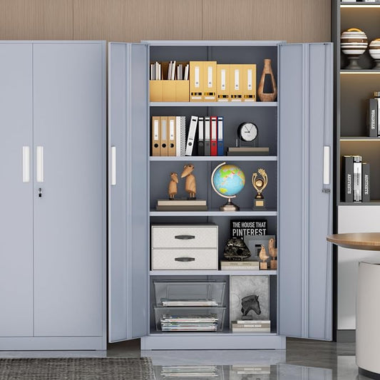 Incbruce 72” Metal Storage Cabinet, Locking Steel Storage Cabinet with 2 Doors and 4 Adjustable Shelves, Tall Lockable Tool for Garage, Home, Office (Cement Grey)