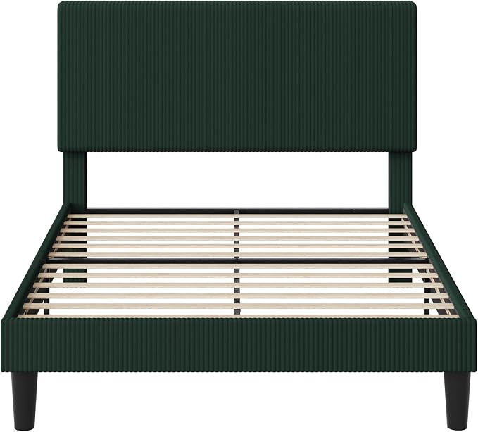 Allewie Full Size Upholstered Bed Frame with Vertical Channel Tufted Headboard, Soft Corduroy Fabric Platform Bed, Strong Wooden Slats Support, Easy Assembly, No Box Spring Needed, Dark Green