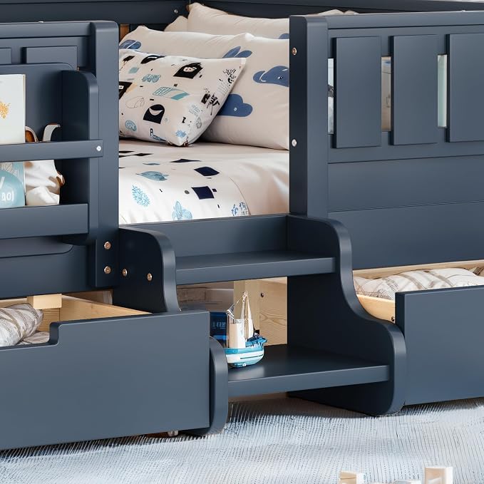 Bellemave Full Kids Montessori Bed with Stairs, Bookshelf and Drawers, Solid Wood Kids Bed Frame with Storage for Boys Girls, Low Profile,Blue