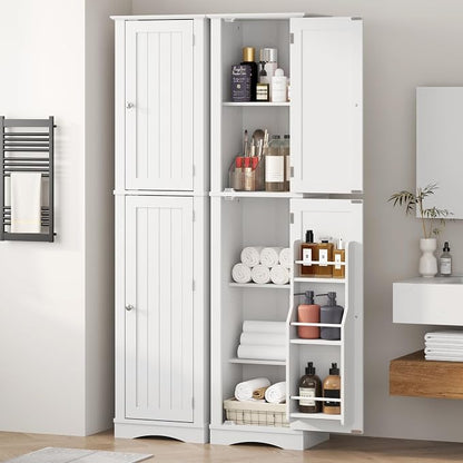Function Home Tall Storage Cabinet, 64" Narrow Bathroom Cabinets, Freestanding Kitchen Pantry with Door Storage Shelves, Wooden Slim Floor Cabinets for Kitchen Dining Living Room, White