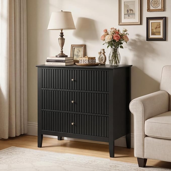 RoyalCraft Large 3 Drawer Dresser Set of 2, Fluted Chest of Drawers with Storage, Modern Painted 30 inch Tall Nightstand for Bedroom Living Room Entryway, Black