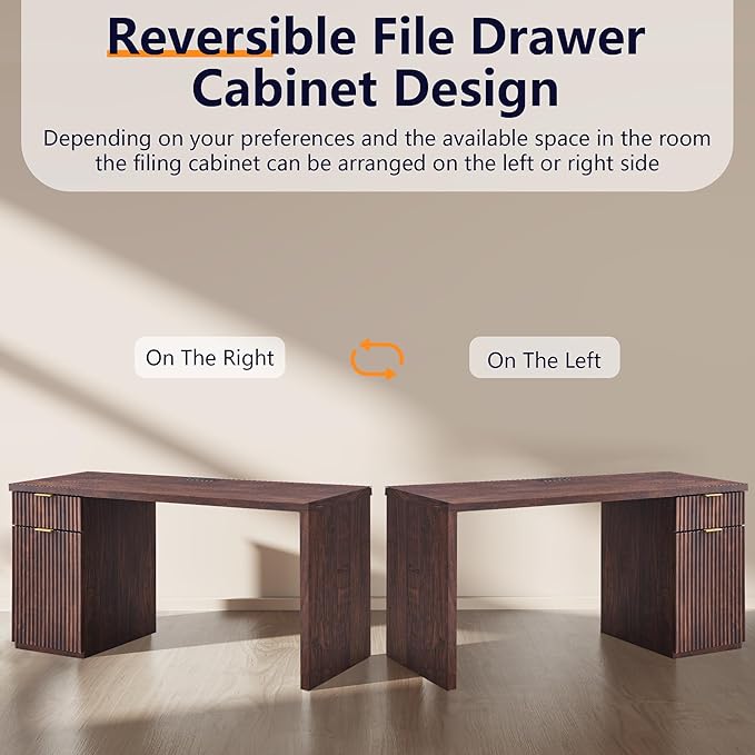60" Modern Home Office Desk, Reversible Left‑Right Cabinet, Built‑in Outlet | Reversible design lets you fix the cabinet on left‑hand or right‑hand side to fit your room layout